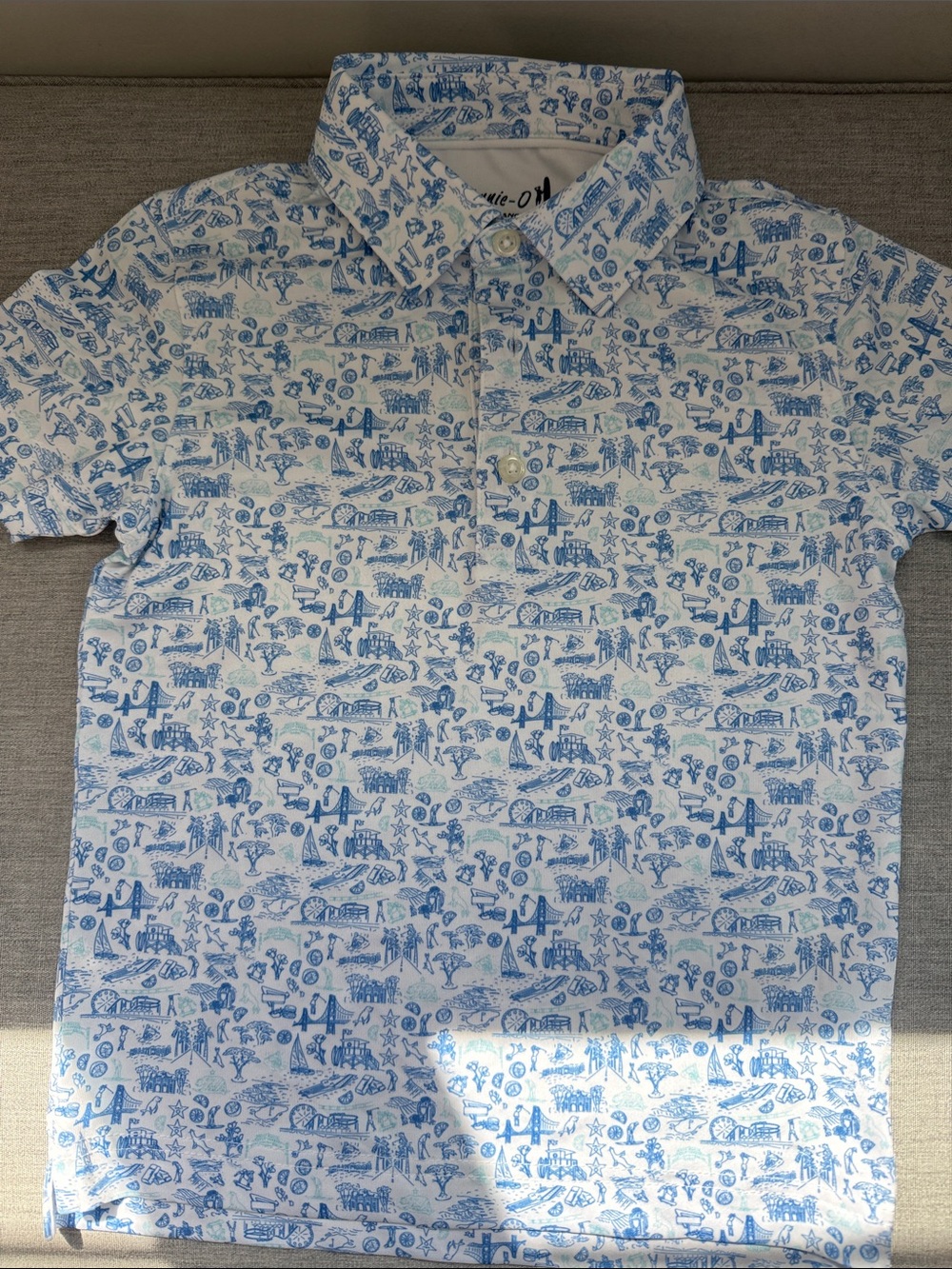 johnnie-O White Button-Down Shirt with Blue Travel Print
